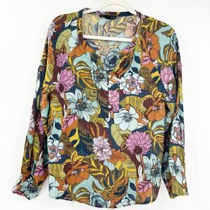 Jane and Delancey Womens Tropical Summer Floral Artsy Popover Blouse Size L